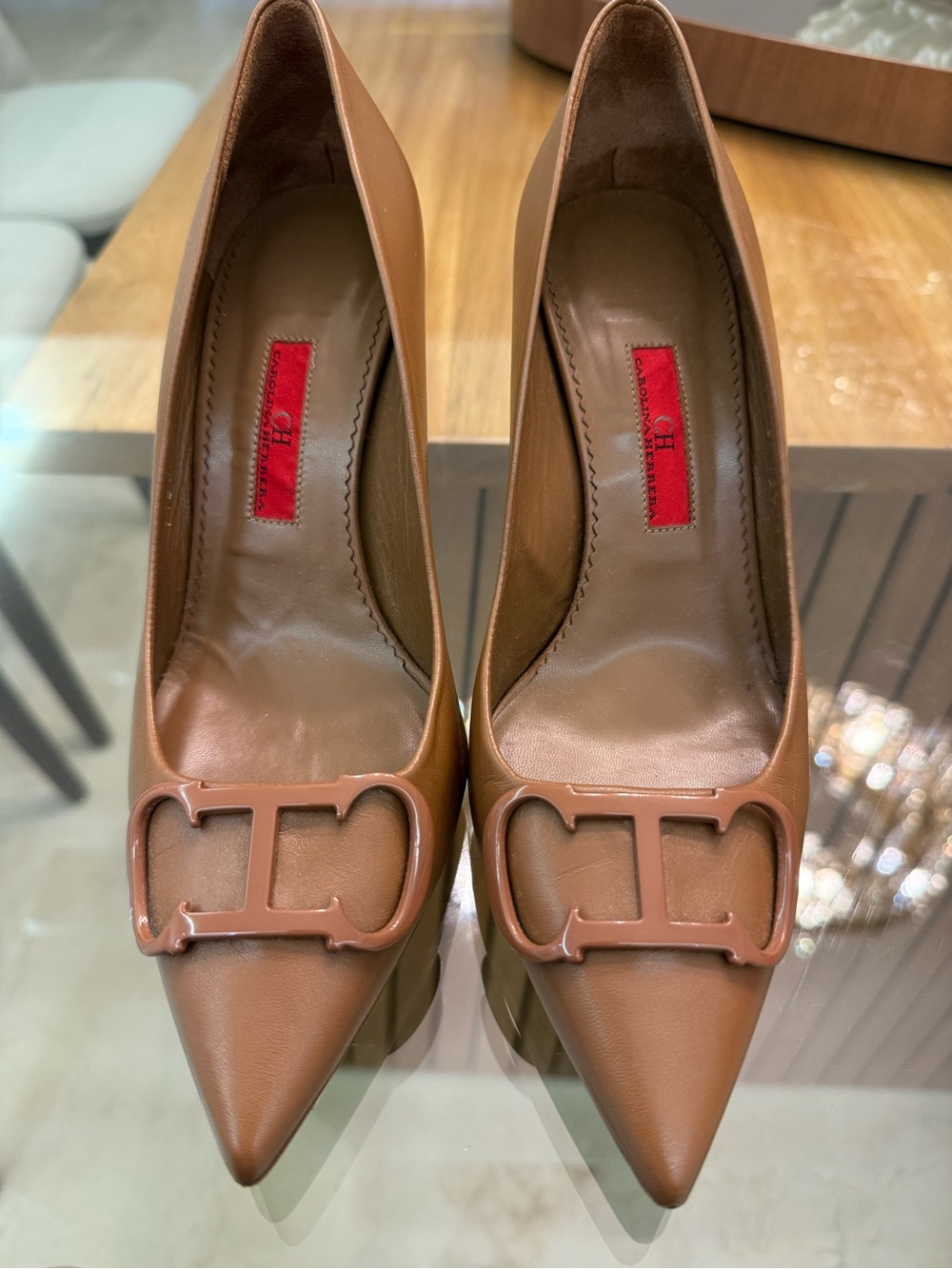 Carolina Herrera Leather Pointed Toe Pumps in Brown by